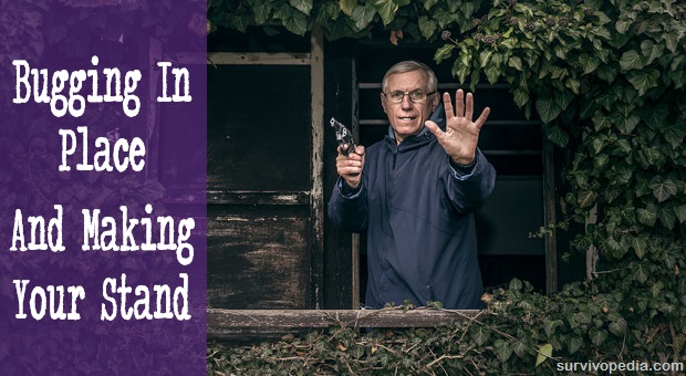 Senior man with gun defending his house from porch covered in plants