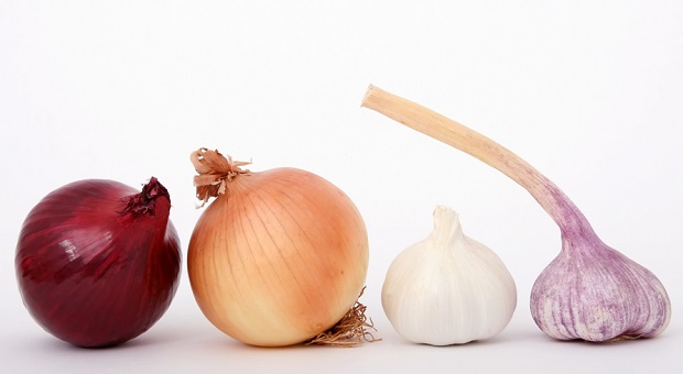 red and yellow onion, garlic on white background