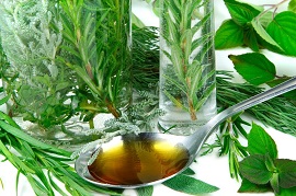 Herbs and teaspoon with herbal medicine
