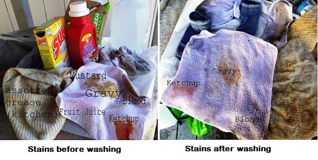 stained laundry and detergent