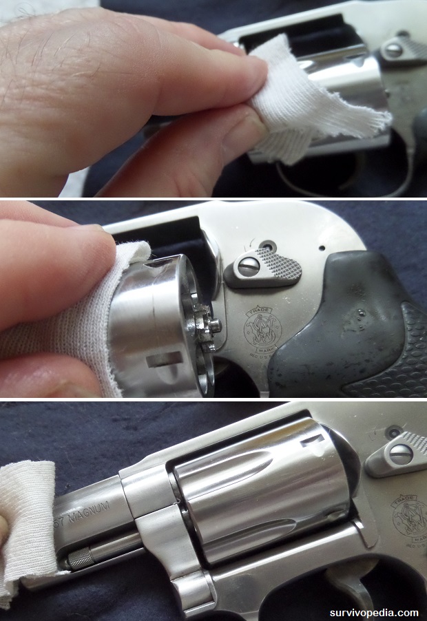 Wipe down the outside of the revolver with a good quality firearms lubricant