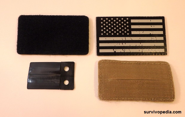 SS Restraint Escape Module pouch shown with Velcro Stash Patch and Flag patch